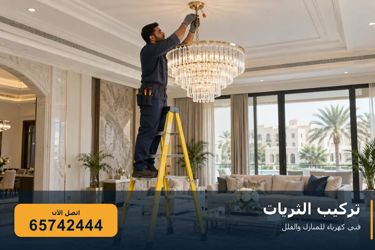 فني كهرباء يركّب ثريا كريستال في صالة منزل بالكويت