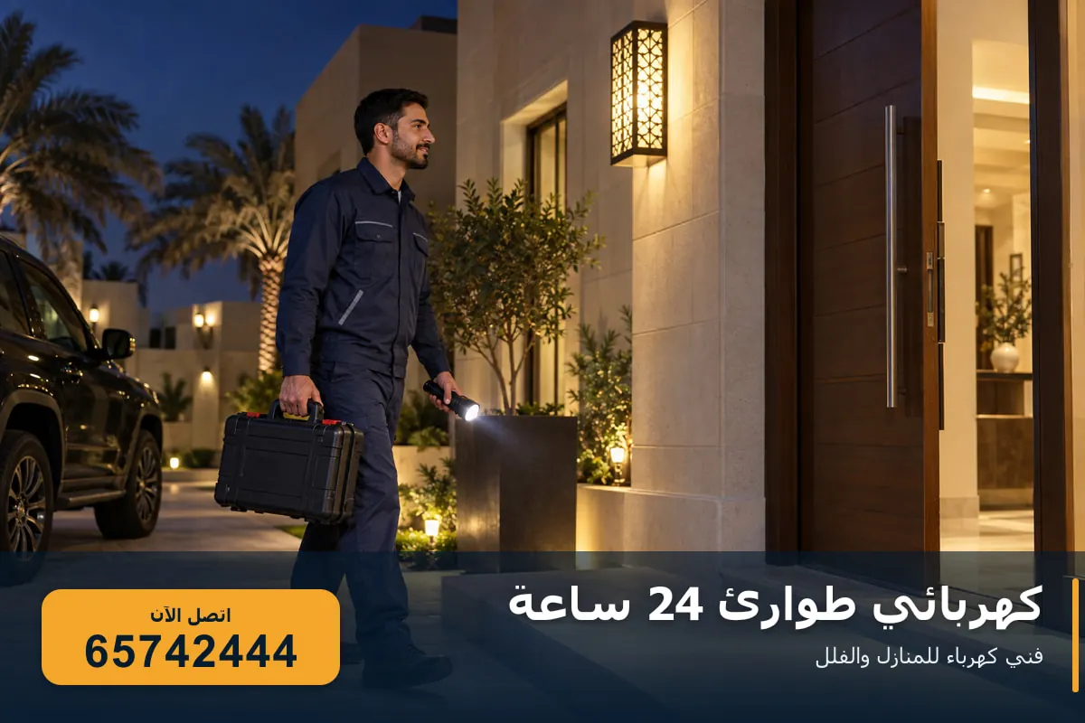 كهربائي طوارئ يصل ليلًا إلى باب منزل في الكويت ومعه حقيبة العدة