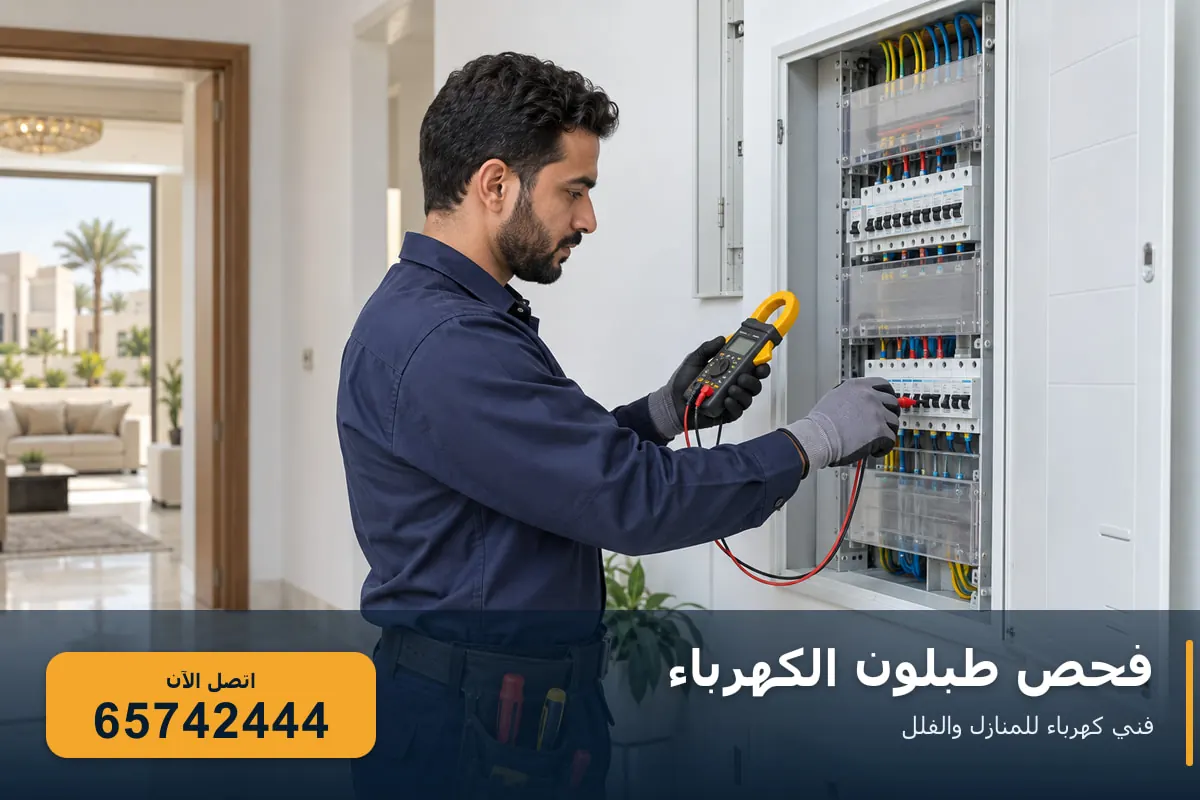 فني كهرباء يفحص طبلون الكهرباء بجهاز قياس الأمبير