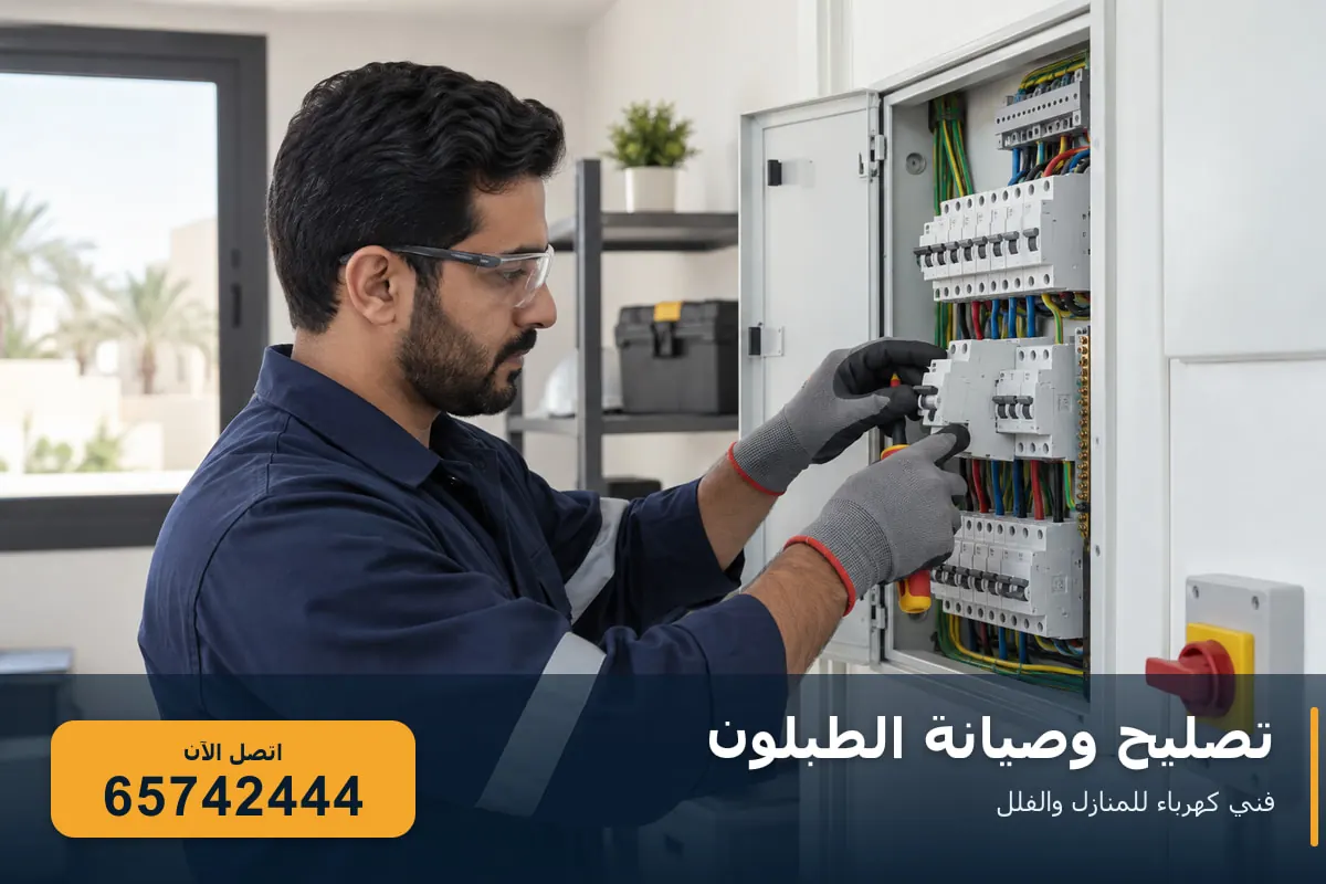 فني يصلح القواطع داخل طبلون كهرباء منزلي مع معدات السلامة