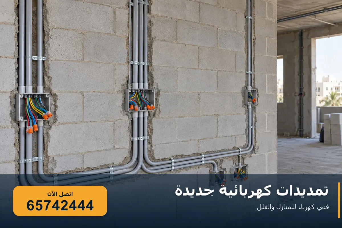 تمديدات كهربائية جديدة داخل أنابيب وعلب توزيع في منزل قيد الإنشاء